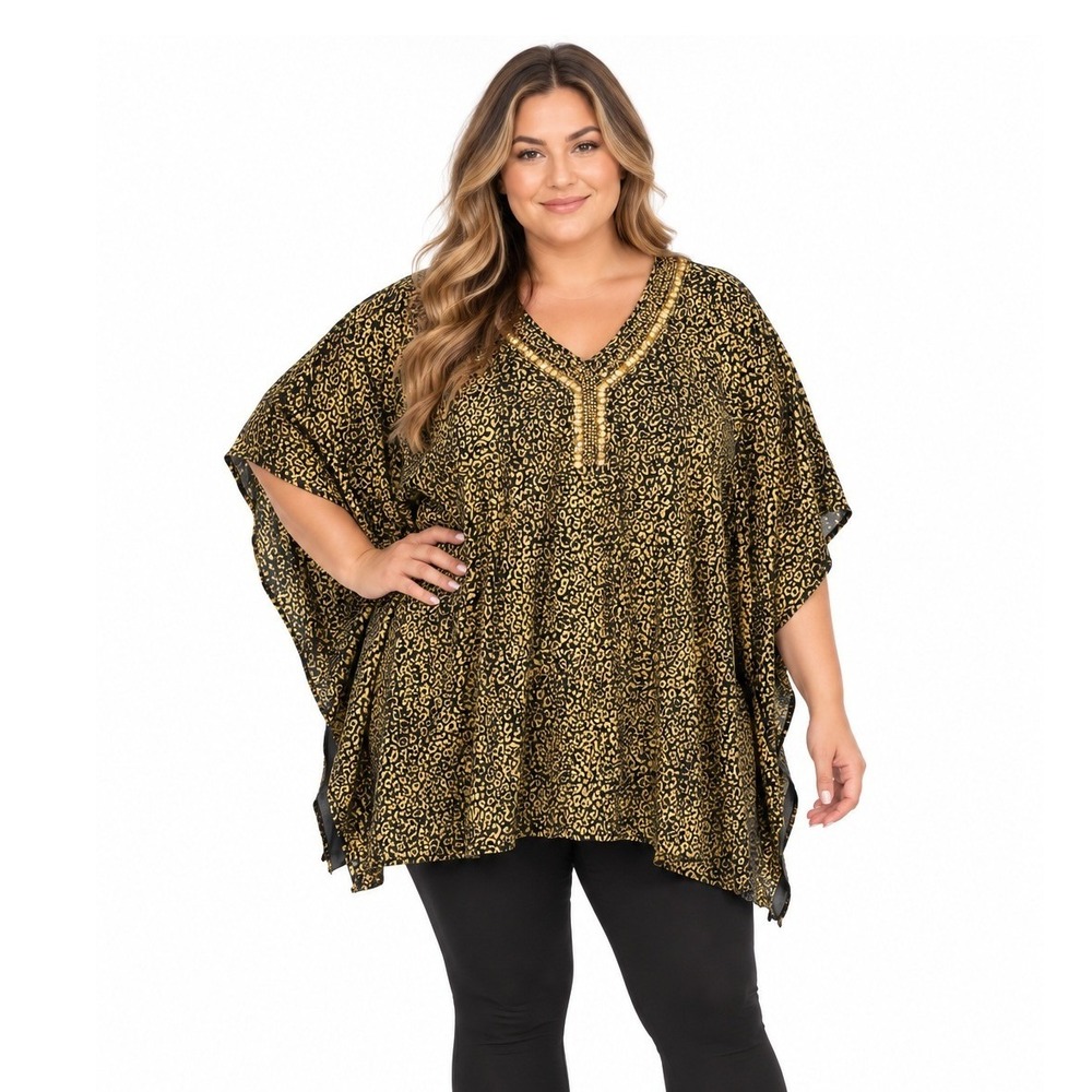 Swimsuits For All Womens 18/20 Kaftan Cover Up Gold Leopard Beaded V-Neck 92273